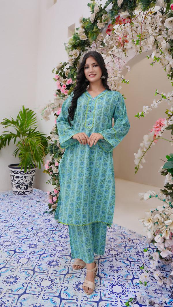 Peacock Blue Printed Cambric cotton Stitched 2 Pc